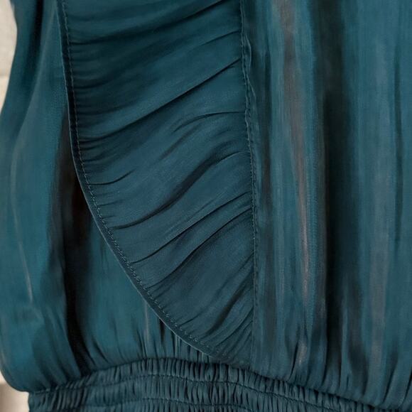 GREY COLLECTIVE NWT Hi-Neck Ruffle Sleeve Smocked Tiered Maxi Dress L TEAL - Picture 6 of 11